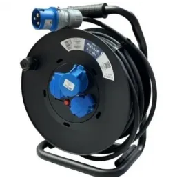 Regleta enrollable Phasak BN 3478 | 2 Tomas de corriente | 1 Enchufe industrial 2P+TT | Cable 40m | Negro y Azul