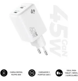 Cargador de Pared GaN Subblim 45W Charger USB C+C | 2xUSB Tipo-C | 45W