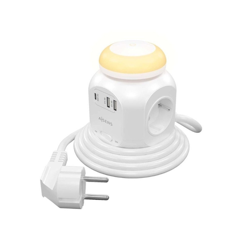 regleta con interruptor y luz nocturna aisens asps2a1clpq02w 4 tomas de corriente 1 usb tipoc pd 2 usb cable 18m blanco
