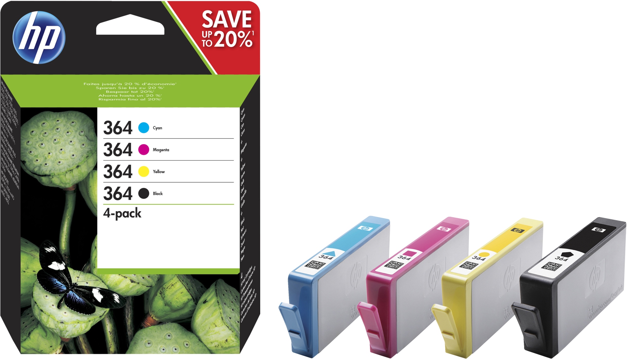 ÷ Pack 4 colores tintas originales hp n364 negro,cian,magenta y amarillo n9j73ae