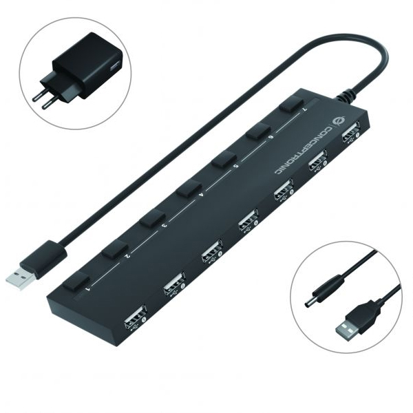 ÷ Hub usb 2.0 conceptronic hubbies08 a 7xusb-a 2.0 con interruptores y alimentador