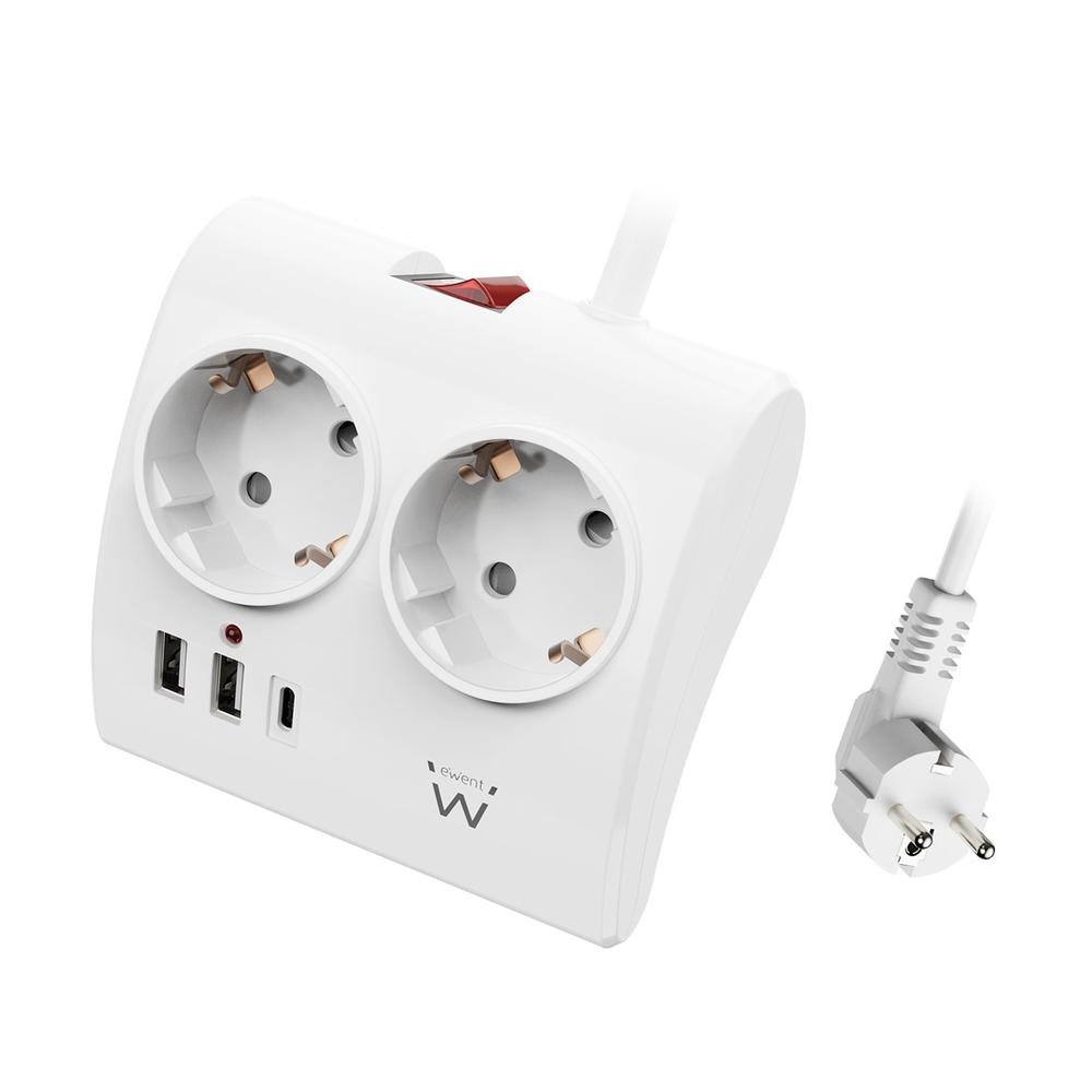 Ewent Regleta 2 tomas shucko 2 puertos USB tipo a 1 puerto USB tipo c interruptor blanco