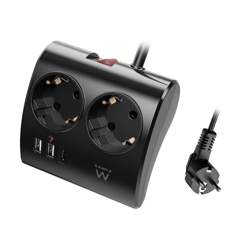 Ewent EW3871 Regleta 2 Shucko 2 USB-A 1 – USB-C