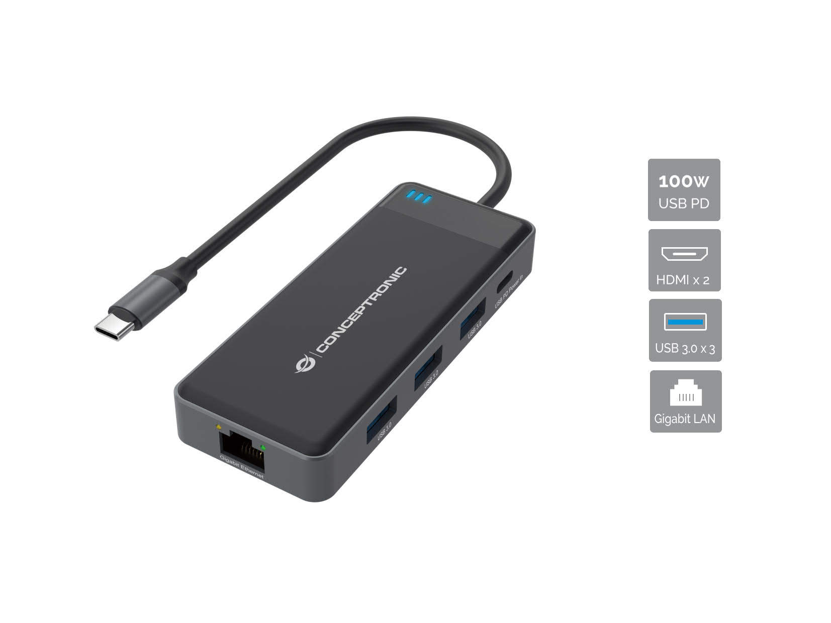 Conceptronic 7IN1 HDMIx2 USB-C Pd 100W USB-A Gigabit DONN14G – USB-C / RJ45