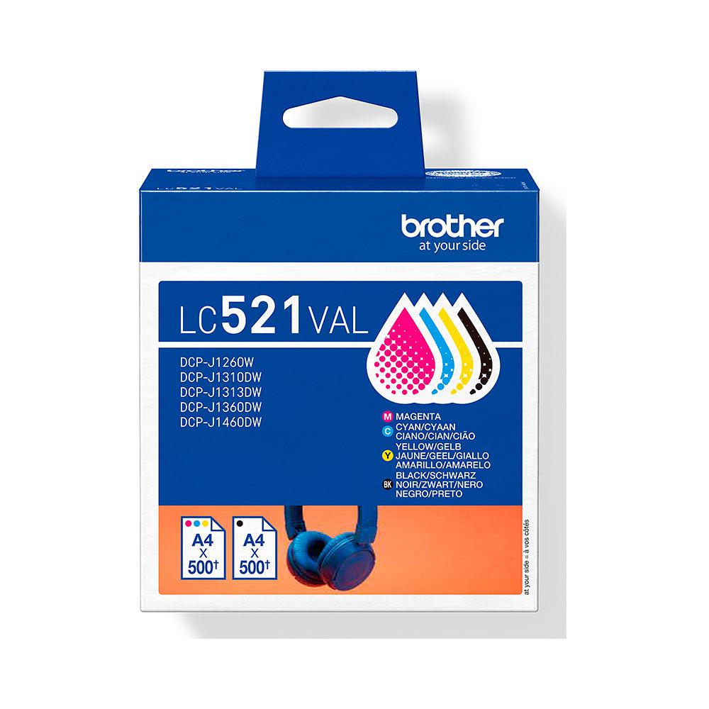 BROTHER Pack de 4 cartuchos de tinta negro, cian, magenta y amarillo LC521VAL 500 pag. cada color