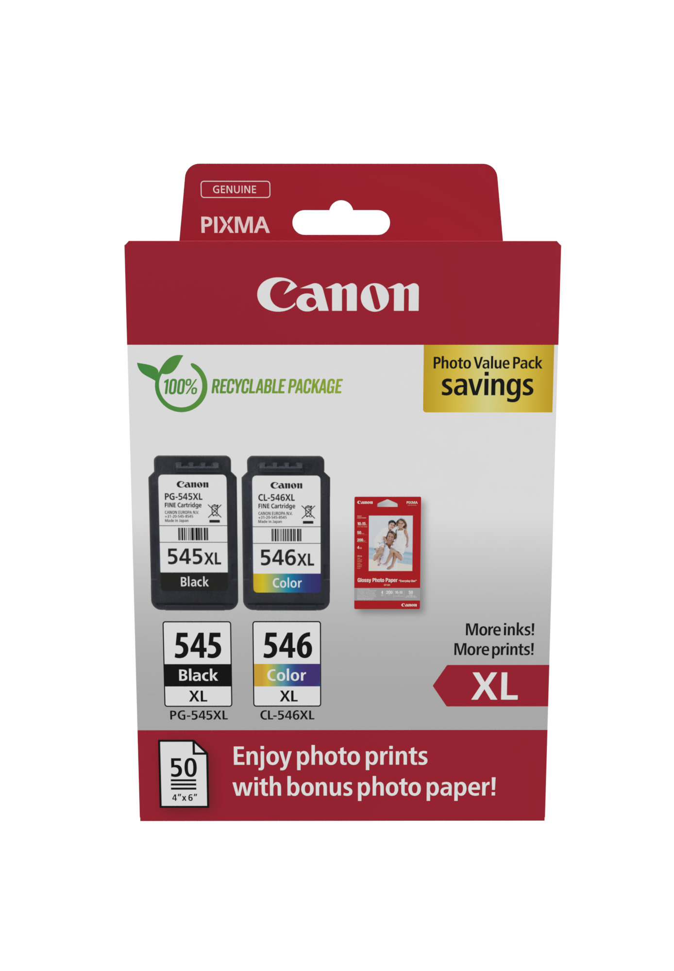 CANON CARTUCHO NEGRO/COLOR PG-545XL/CL-546XL + PAPEL FOTO 4X6 (GP-501 50H)