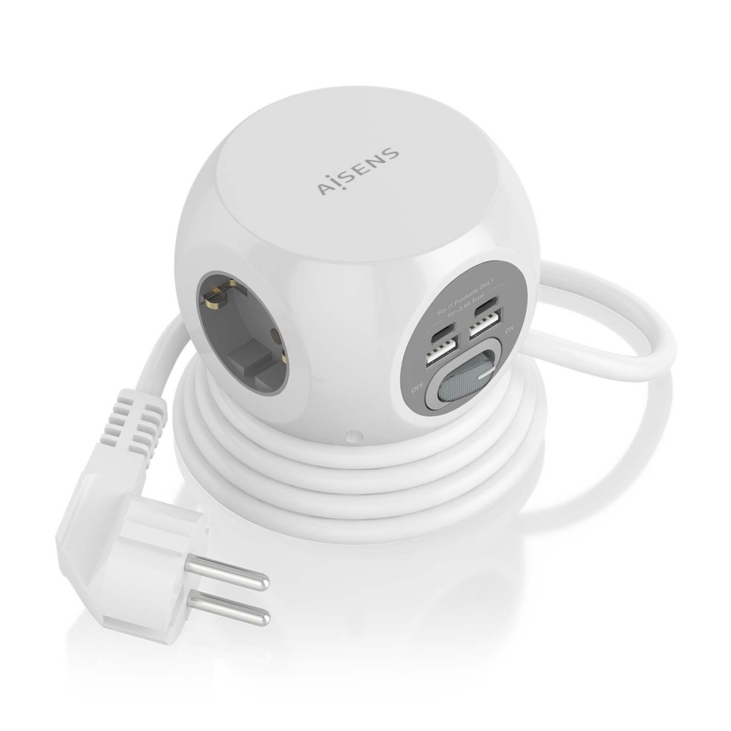 Aisens Regleta De Enchufes Sobremesa Multifuncion Con 3 Tomas + 2xUSB-C, 2xUSB-A, 1.4M…