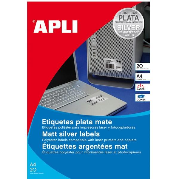 Apli Paq.960 etiquetas poliester 45, 7x21, 2mm A4 plata
