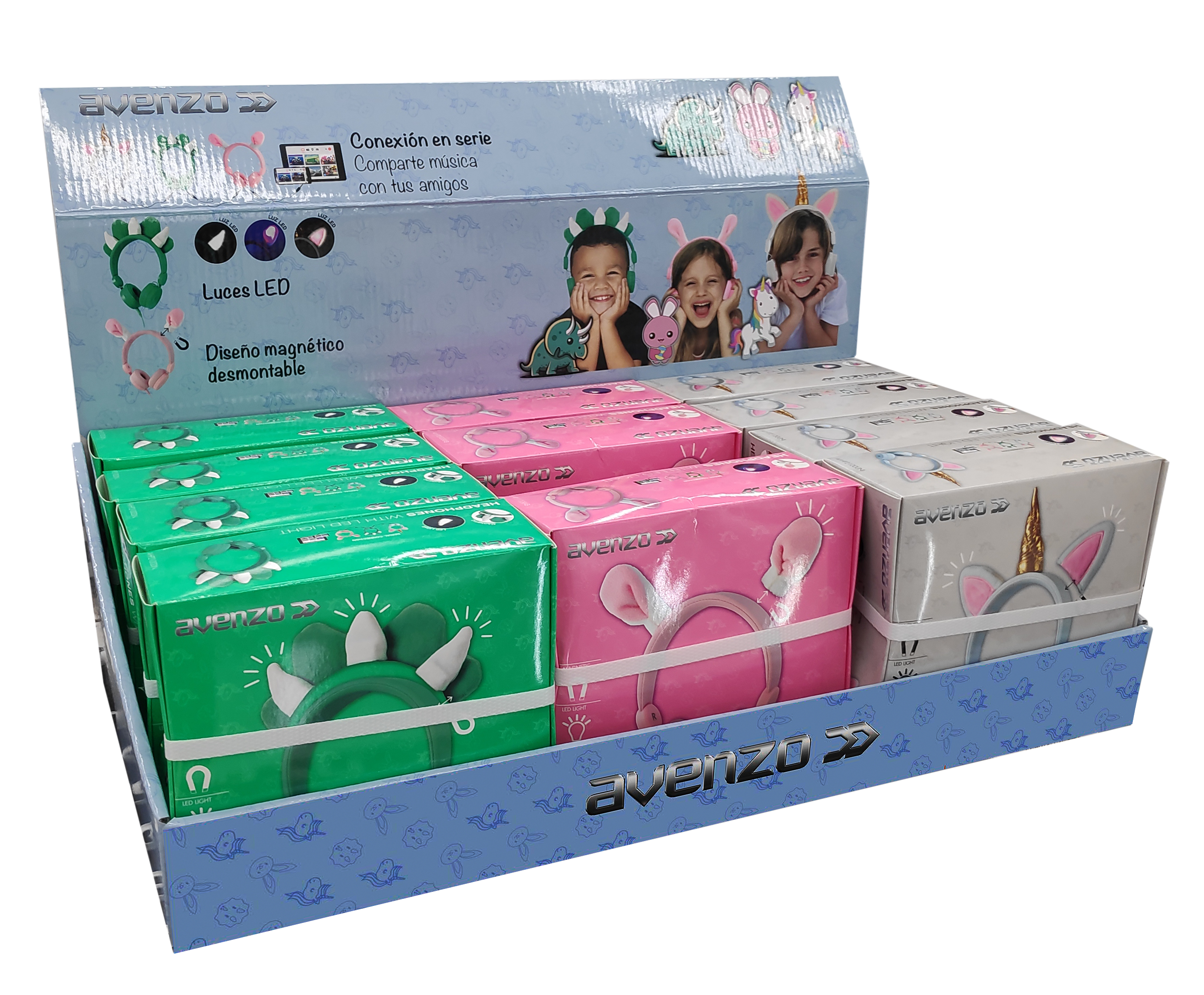 Avenzo Pack Infantiles + Expositor: 4 Conejo + 4 Dinosaurio + 4 Unicornio + expositor