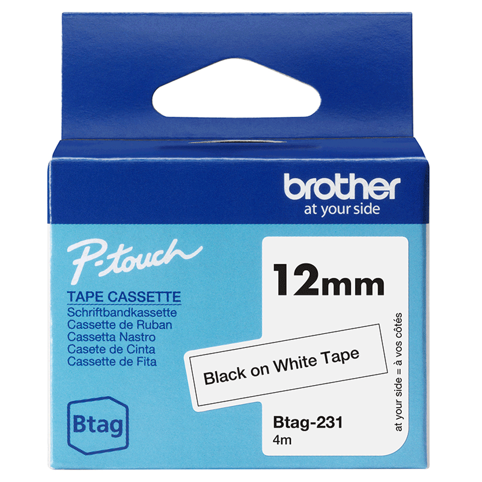 Brother Cinta domestica Btag 231 negro sobre blanco. Ancho: 12 mm. Longitud: 4 m