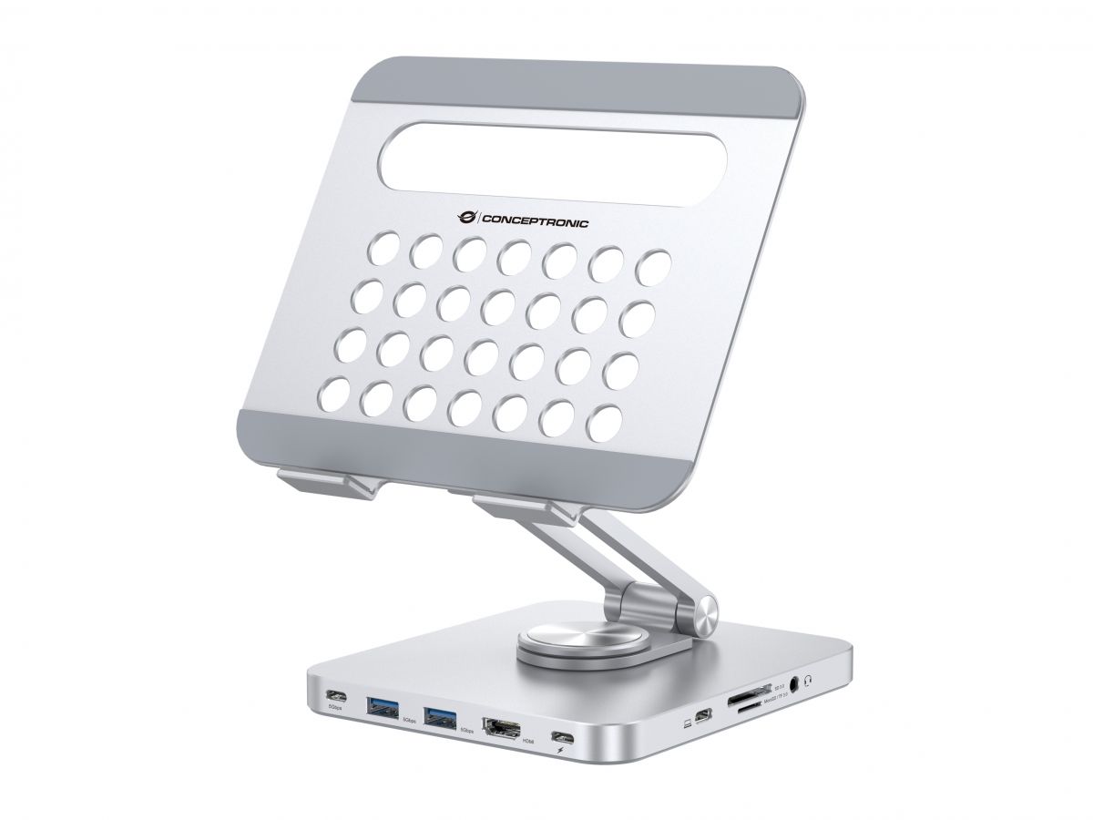 Conceptronic soporte con docking 8 en 1, base giratoria de 360°, plegable, altura ajustable