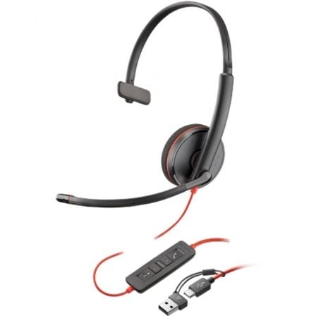 Auricular Poly Blackwire 3210 + Adaptador USB-C/A/ con Micrófono/ USB Tipo-C/ Bulk/ Negro