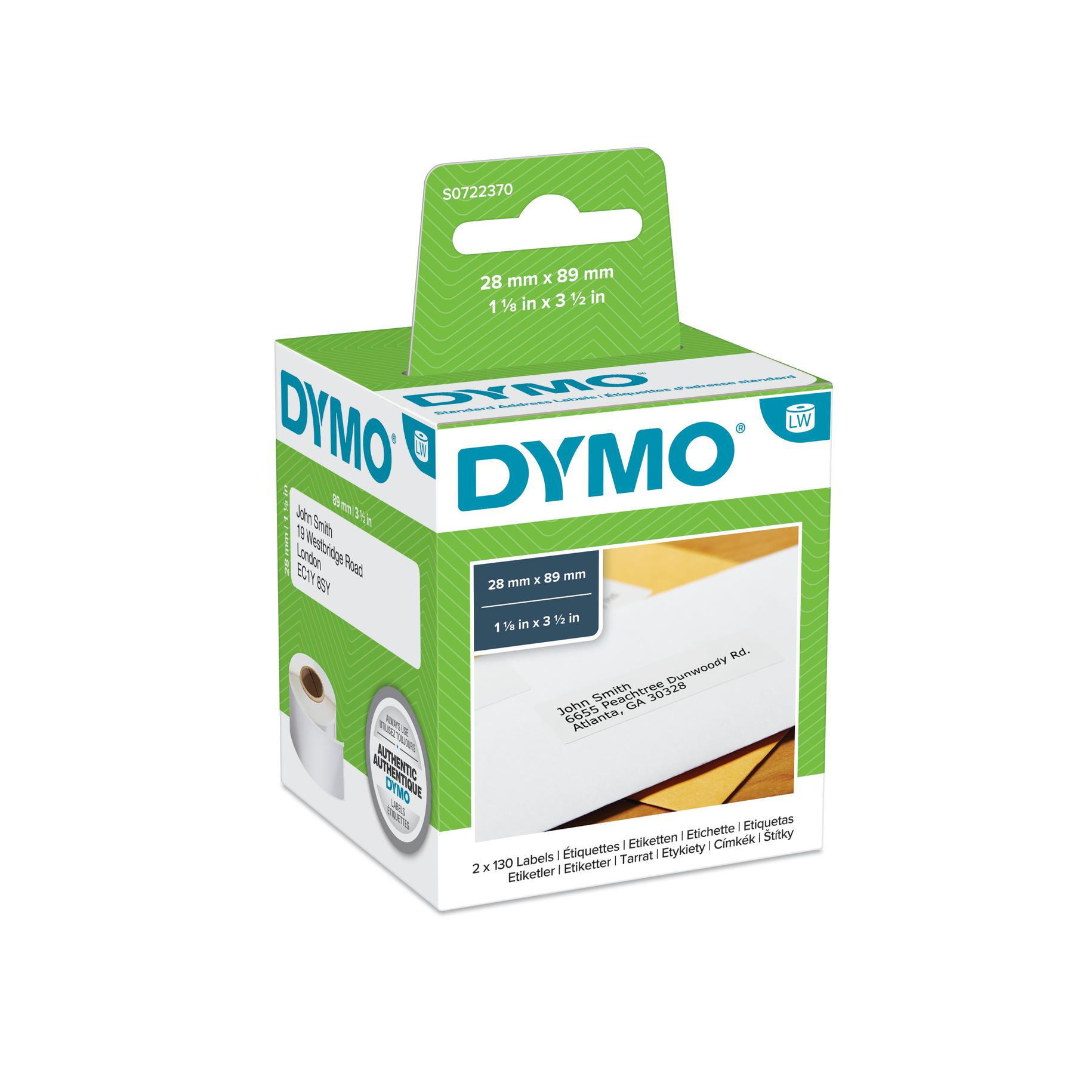 Dymo Etiqueta Lw dirección 89x28mm, 2 rollos etiquetas (130 x 2) Papel Blanco