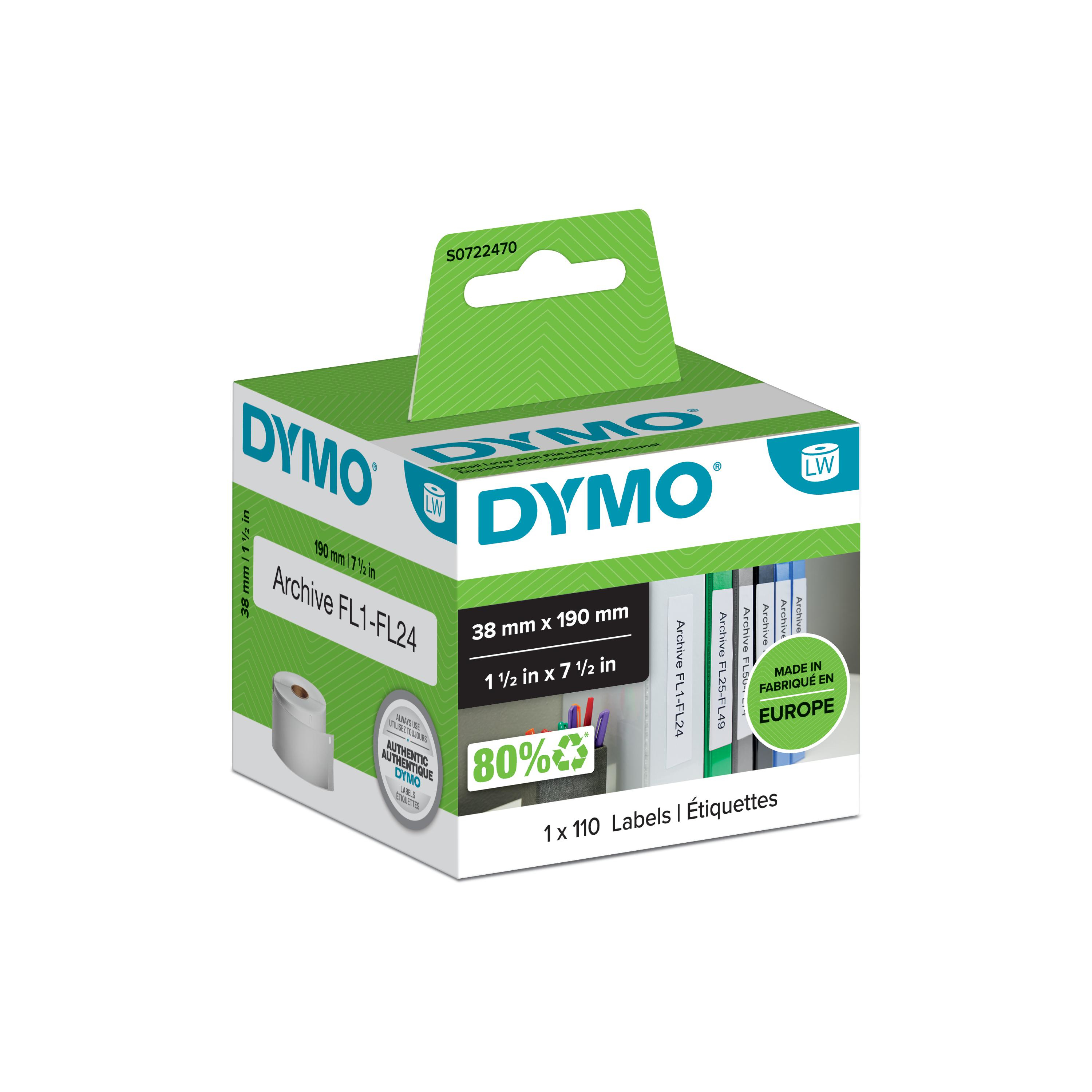 Dymo Etiqueta Lw Etiquetas lomo archivadores 38x190mm, 1 rollo etiquetas (110) Papel…