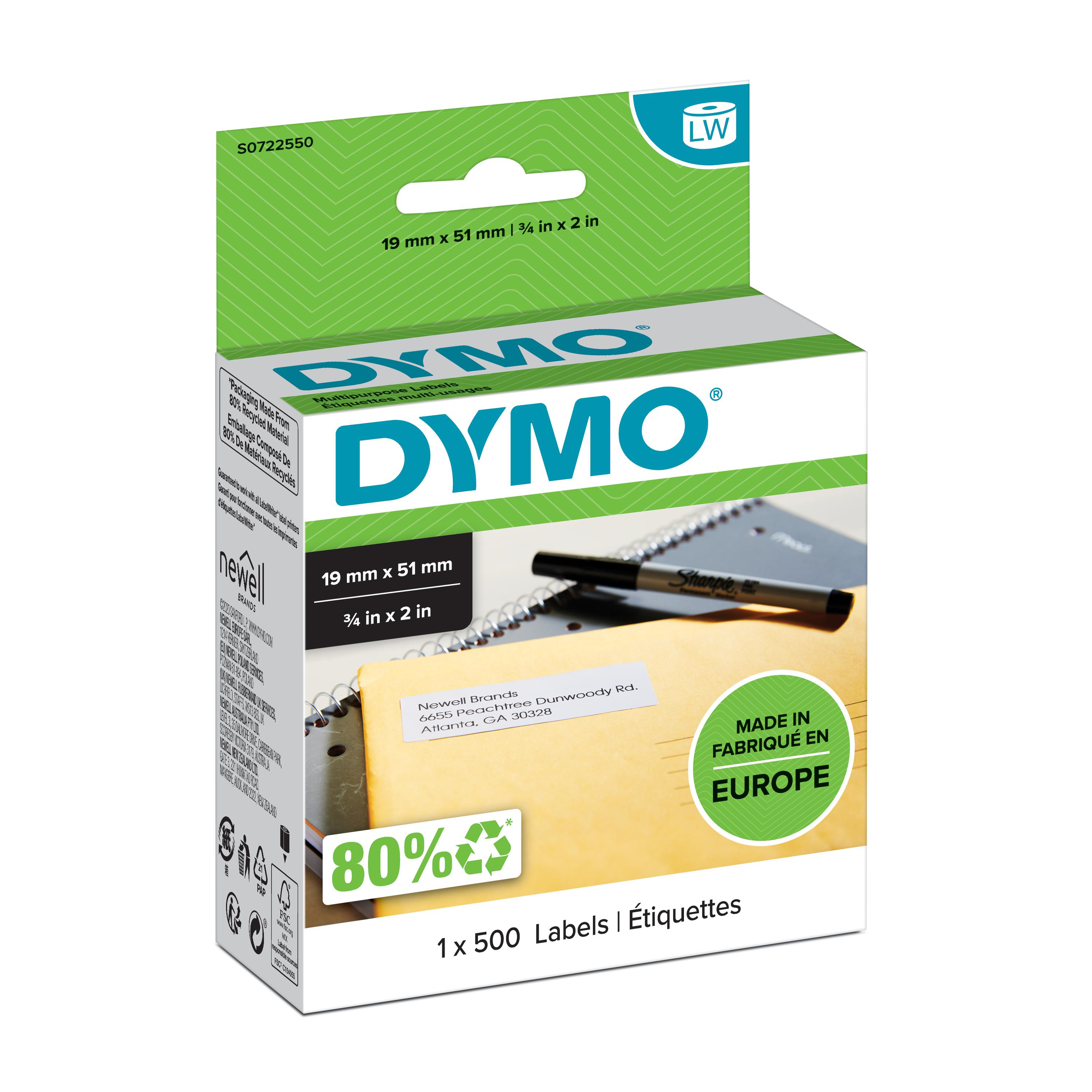 Dymo Etiqueta Lw multifunción 19X51mm, 1 rollo etiquetas (500) Papel blanco