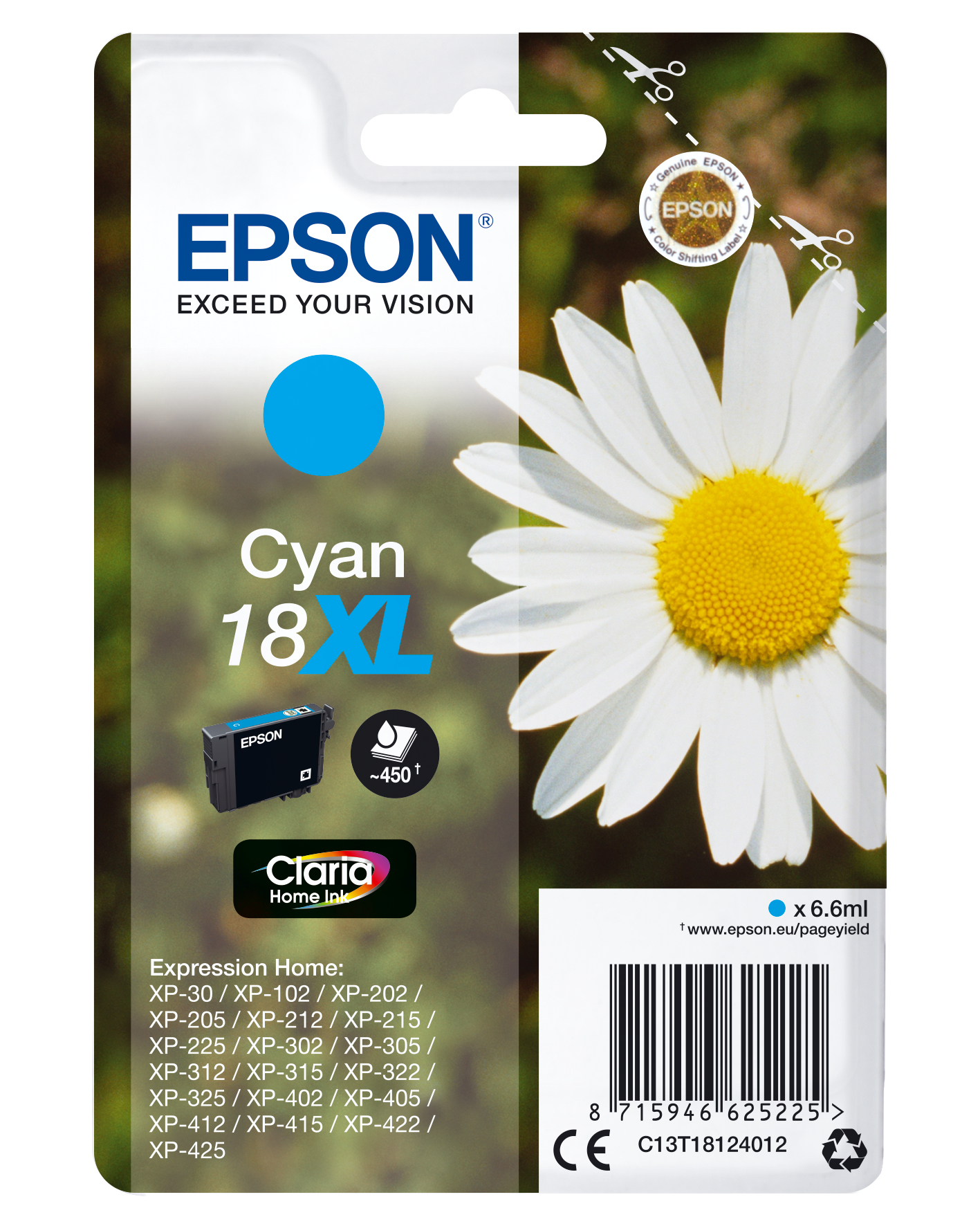 Epson Expression Home XP-102/205/215/305/405 Cartucho Cian Alta Capacidad 18XL