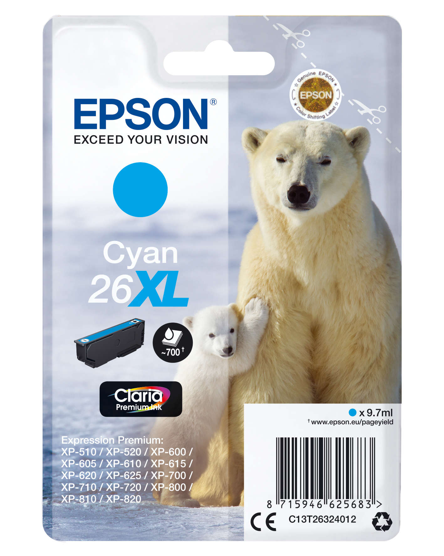 Epson Claria Premium Cartucho Cian 26XL Alta Capacidad Expression Premium XP-510