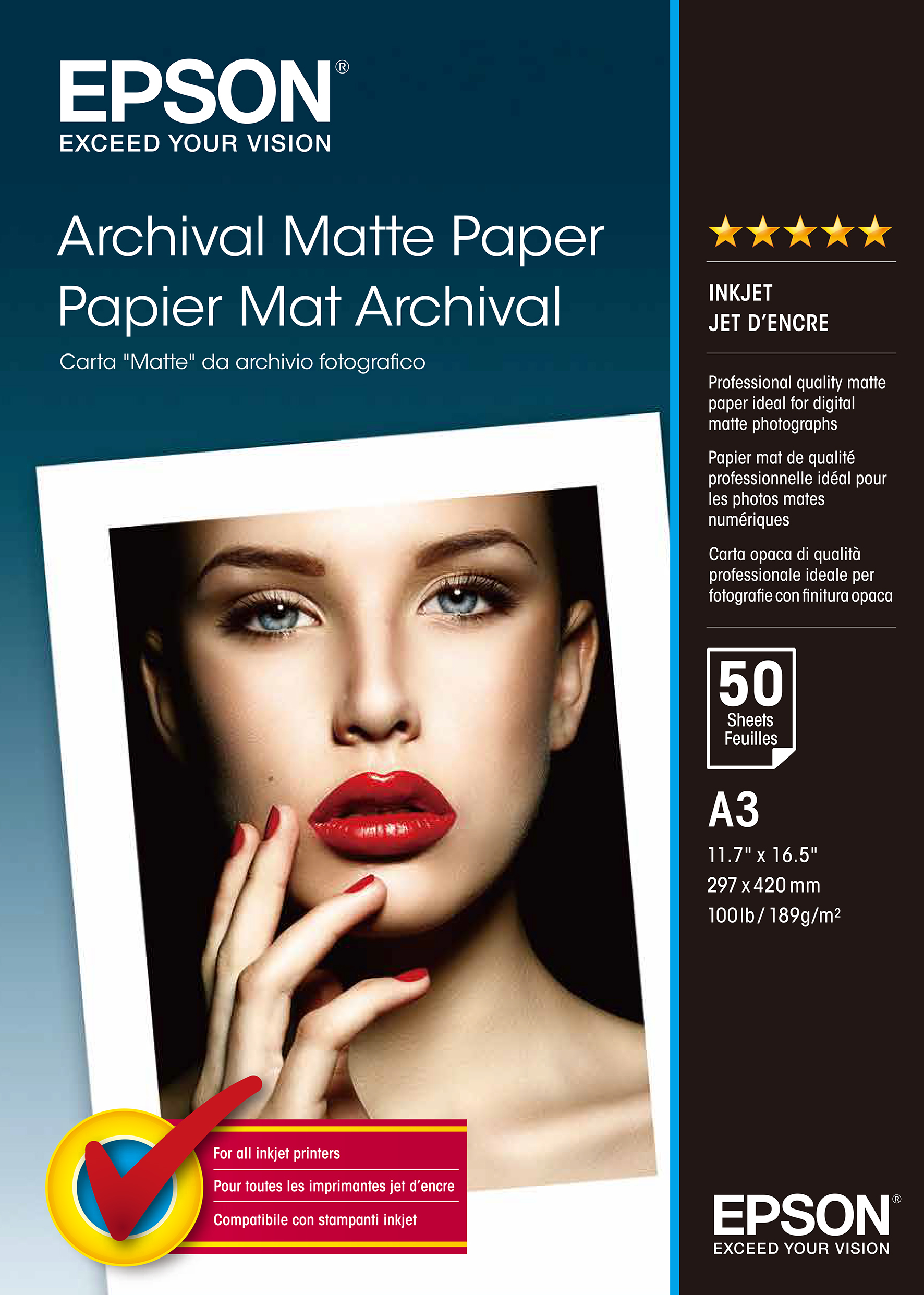 Epson Papel Mate Larga Duracion (Archival Matte Paper) A3, 50 Hojas de 189g
