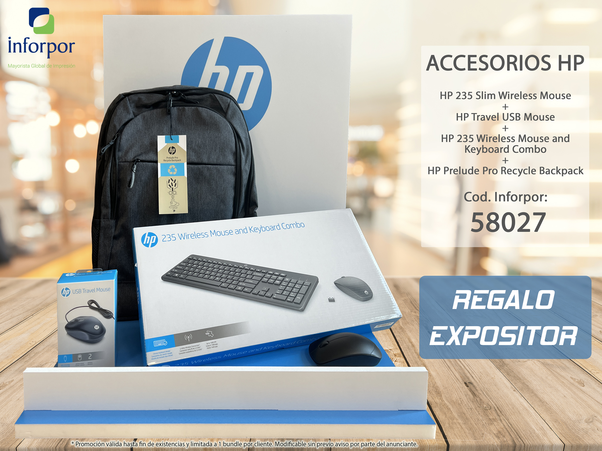 HP Pack inalambrico 235 + Ratón USB + Combo Wireless + Mochila + Expositor de Regalo