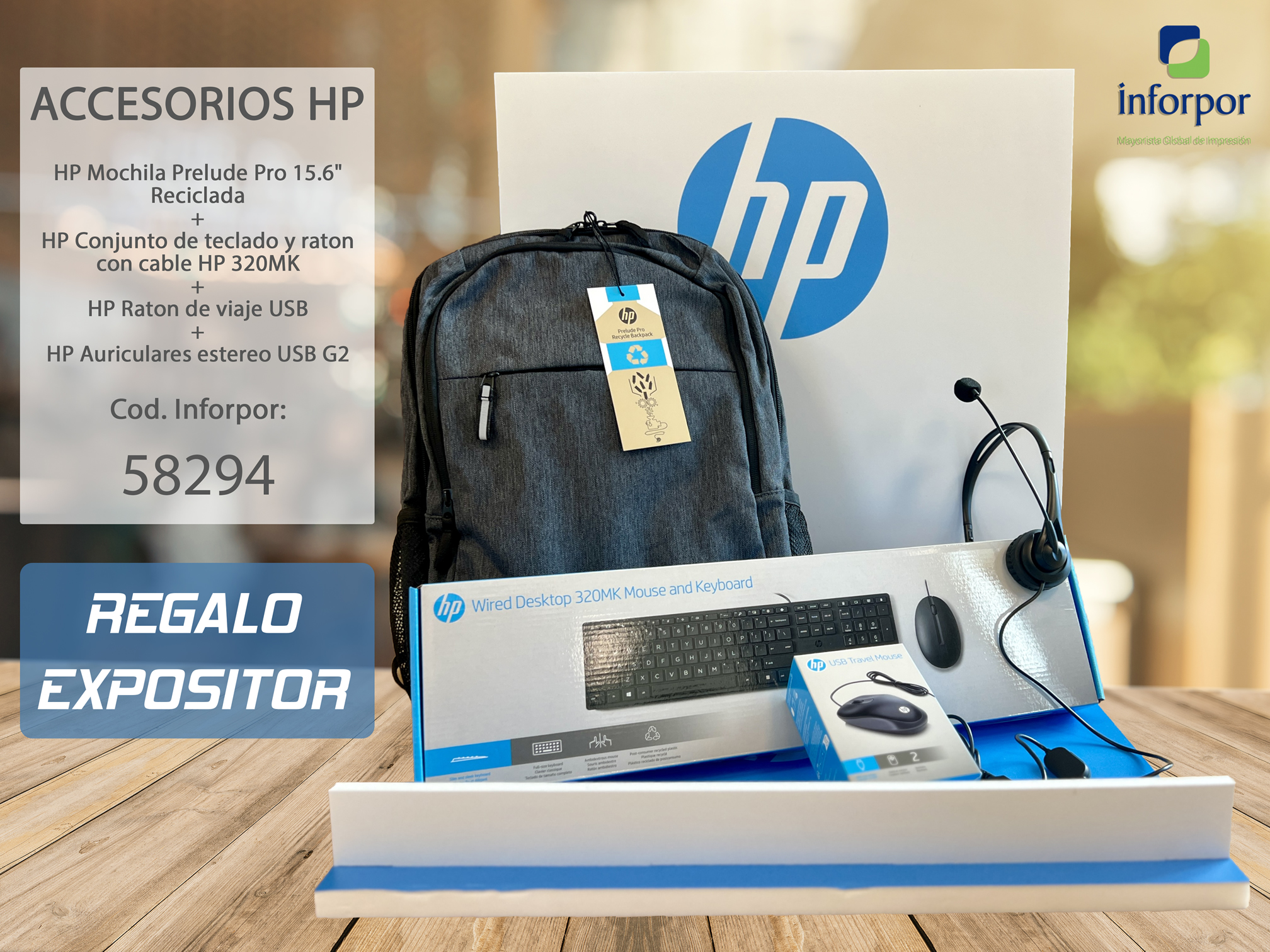 HP Auriculares G2 + Combo 320MK+ viaje + Mochila 15.6" + Expositor de Regalo