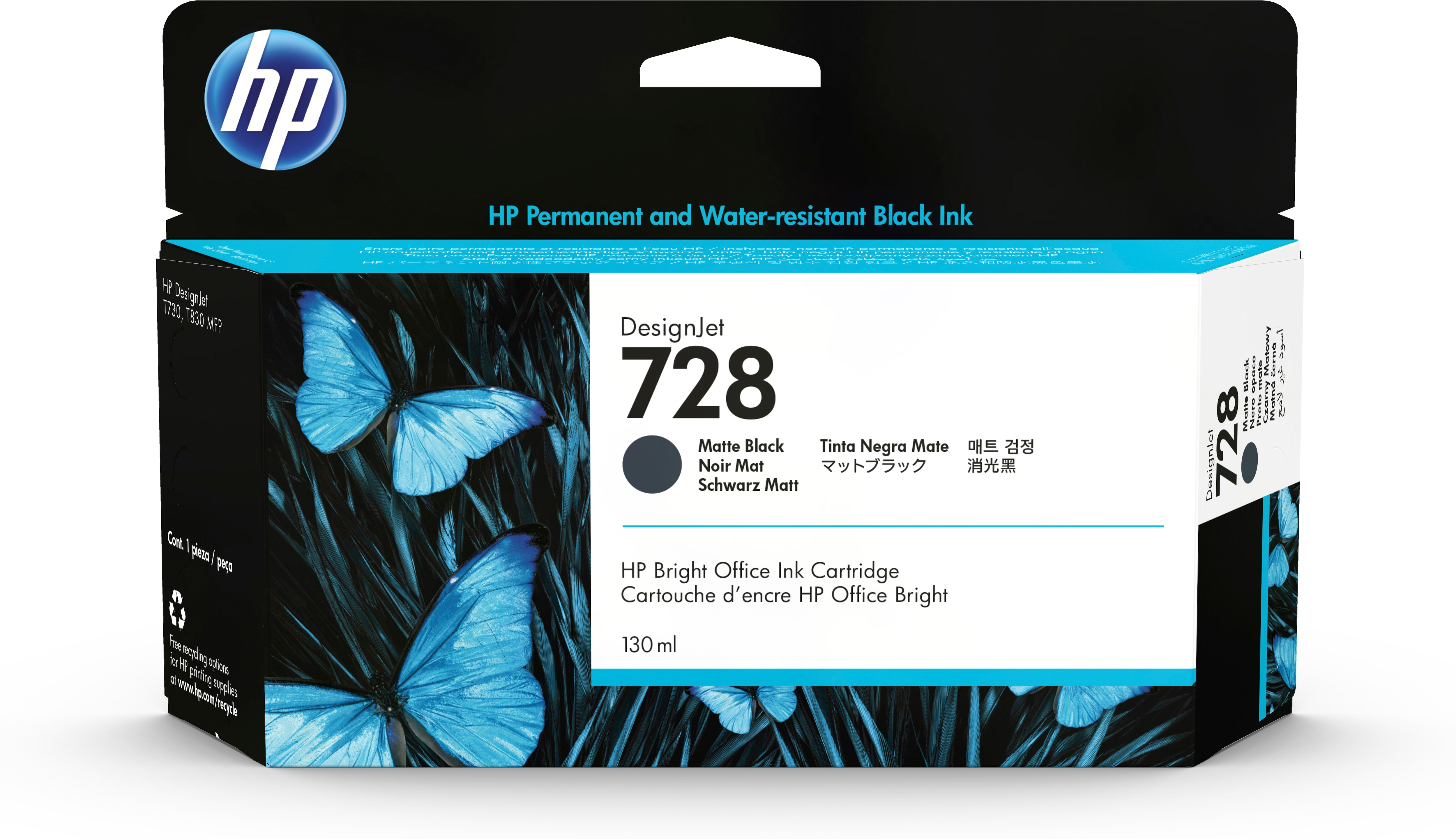 HP DesignJet T830, T730, 728 Cartucho negro mate de 130ml
