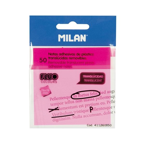 Milan Bloc notas adhesivas translucidas 50h 76x76mm rosa fluor