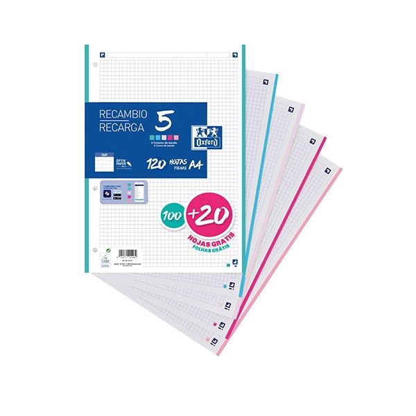 Oxford Recambio 4 Taladros 100H+20 Gratis 90G Cuadricula 5X5 A4 Ban Colores Pastel