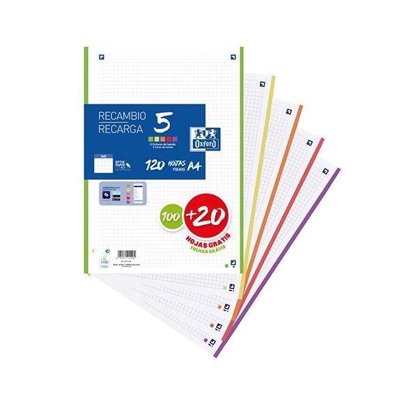 Oxford Recambio 4 Taladros 100H+20 Gratis 90G Cuadricula 5X5 A4 Ban Colores Vivos