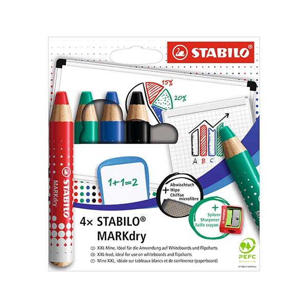 Stabilo Paq.4 marcadores pizarra en seco Markdry + sacapuntas + paño limpieza colores…
