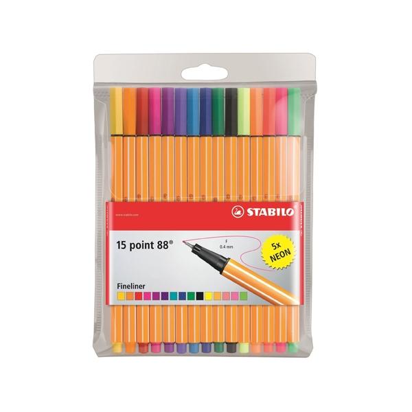 Stabilo Paq.15 rotuladores Point 88 punta fieltro fina trazo 0, 4mm 10+5 neon