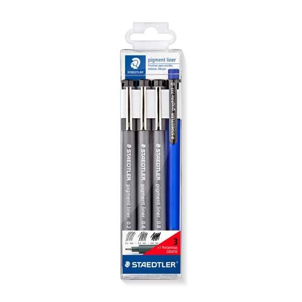 Staedtler Paq.3 rotuladores calibrados Pigment Liner 308 + portaminas trazos 0, 2-0, 4-0, 8mm