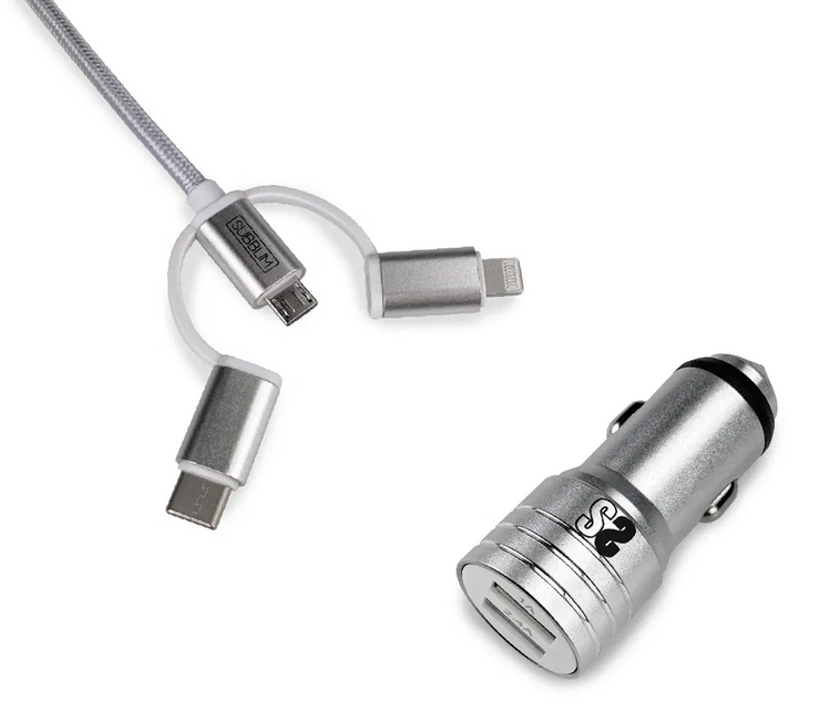 Subblim coche Dual Alum 2.4A + Cable 3 in1 Silver