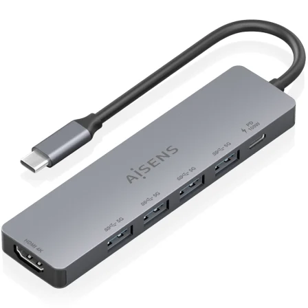 Docking USB Tipo-C Aisens ASUC-6P047-GR/ 1xHDMI 4K/ 4xUSB/ 1xUSB Tipo-C Pd Gris