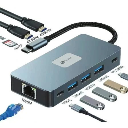 Leotec Docking USB Tipo-C LEDS02/ 3xUSB/ 1xUSB Tipo-C/ 1xUSB Tipo-C Pd/ 2xHDMI 4K/ 1xRJ45/… Gris