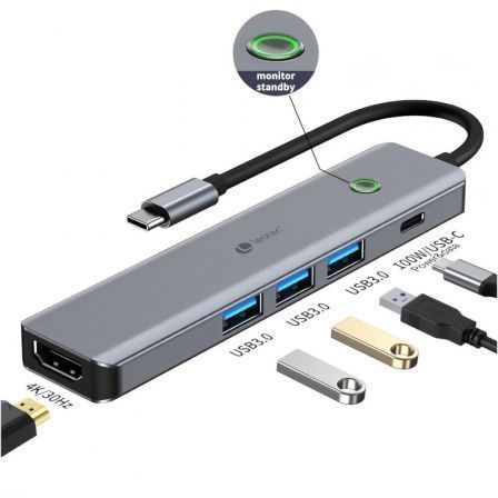 Leotec Docking USB Tipo-C LEDS05/ 3xUSB/ 1xUSB Tipo-C Pd/ 1xHDMI 4K Gris
