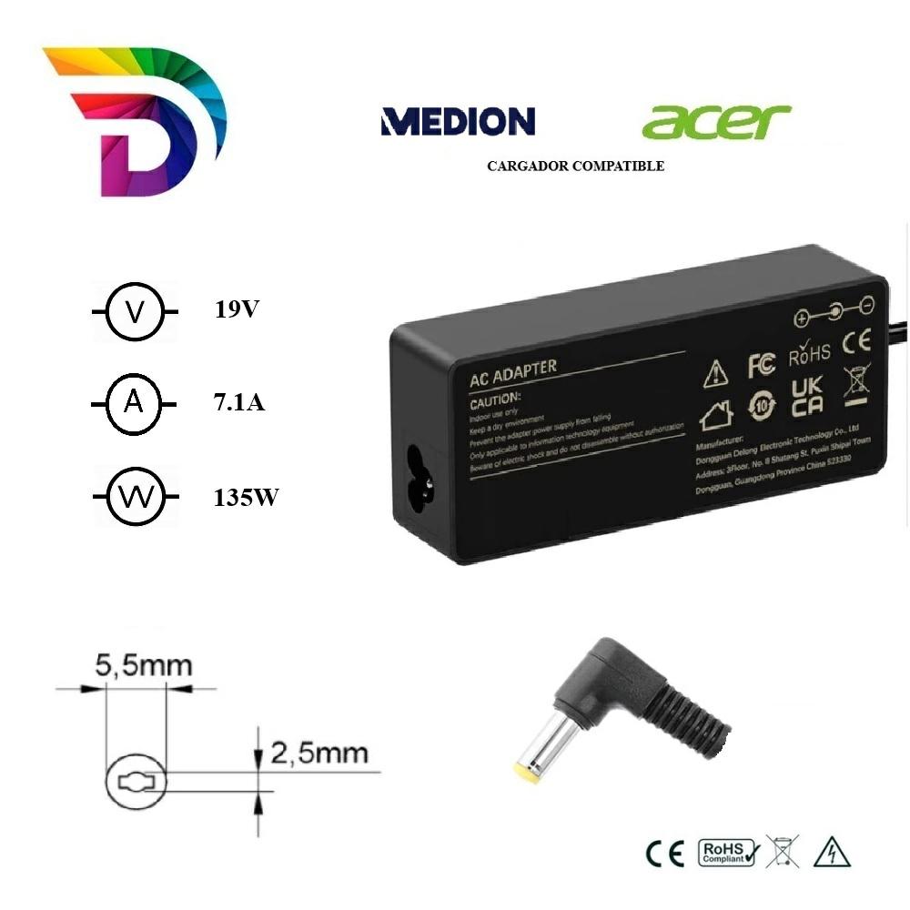 Dayma Cargador compatible para Acer / Medion 135W 19V 7.1A 5.5x2.5 mm