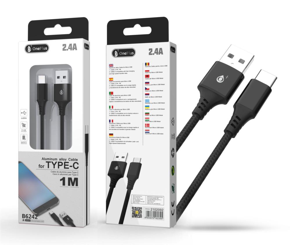 One+ datos USB 2.0 a Type-C / 1m / 2.4a / Aluminio / B6242 Negro