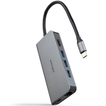 Nanocable Docking Tipo-C 10.16.4609/ 3xUSB/ 1xHDMI 4K/ 1xRJ45/ 1xLector tarjetas/ 1xUSB… Gris