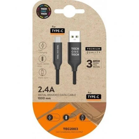 Cable USB 2.0 Tipo-C Tech One Tech TEC2003/ USB Tipo-C Macho - USB Macho/ 480Mbps/ 1m Negro