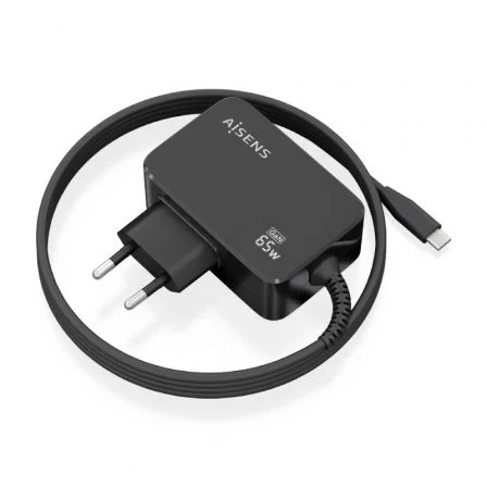Aisens Cargador de GaN ASCH-1PD65WL033-BK/ 1xUSB Tipo-C + Cable 1.8m/ 65W/ Automático/…