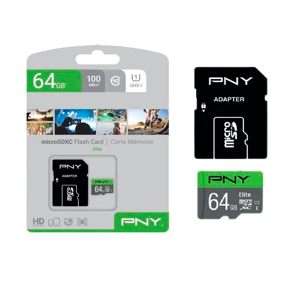 Micro sd xc PNY Elite Uhs-I 64Gb 100mb/s / Clase 10 / Con adaptador / P-SDUX64U185GW-GE