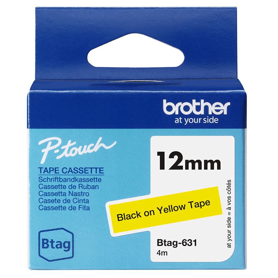 BROTHER Cinta domestica Btag 631 negro sobre amarillo. Ancho: 12 mm. Longitud: 4 m