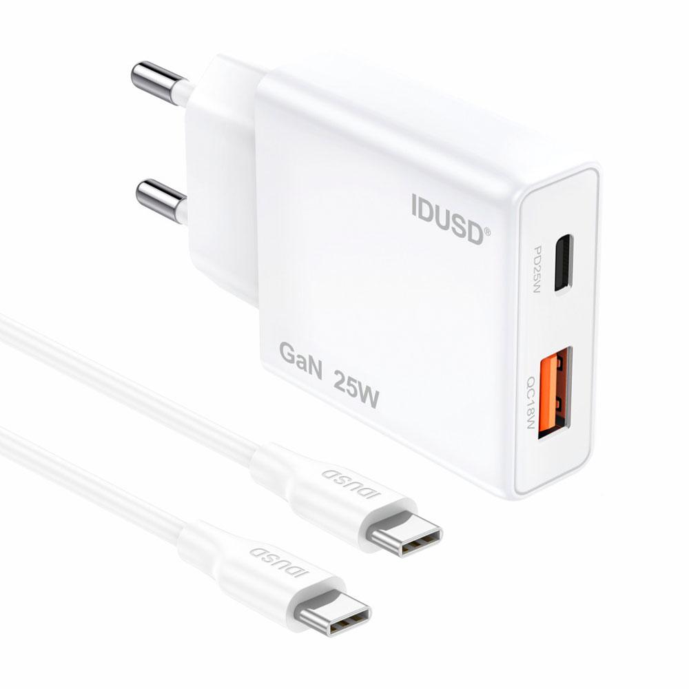 Cargador de red Usb + Type-C + Cable Type-C M/M / 25W PD / 18W QC / GAN / Blanco / IDUSD / D296B