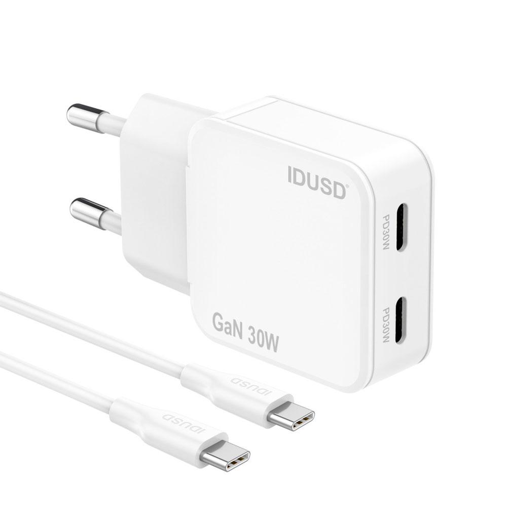Cargador de red 2x Type-C + Cable Type-C M/M / 30W PD / 18W QC / GAN / Blanco / IDUSD / D326B
