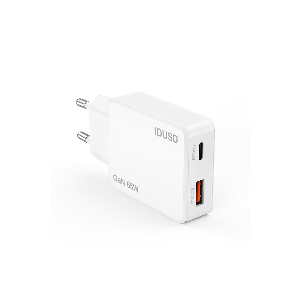 Cargador de red USB + Type-C M/M / 65W PD / GAN / Blanco / IDUSD / D350B