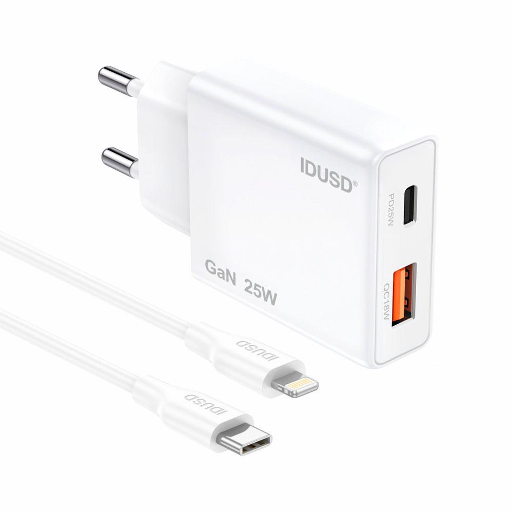 Cargador de red USB + Type-C + Cable Type-C a Lightning M/M / 25W PD / GAN / Blanco / IDUSD / D295B