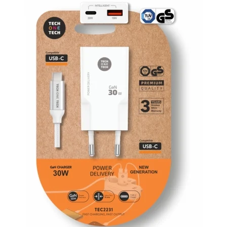 Tech One Tech de Pared TEC2231/ 1xUSB Tipo-C/ 1xUSB + Cable USB Tipo-C/ 30W Blanco