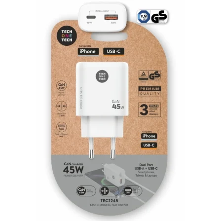 Tech One Tech de Pared GaN TEC2245/ 1xUSB Tipo-C/ 1xUSB/ 45W