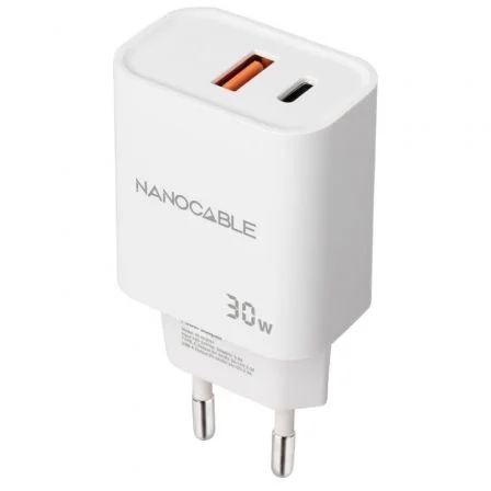 Cargador de Pared Nanocable 10.10.2011/ 1xUSB/ 1xUSB Tipo-C/ 30W Blanco