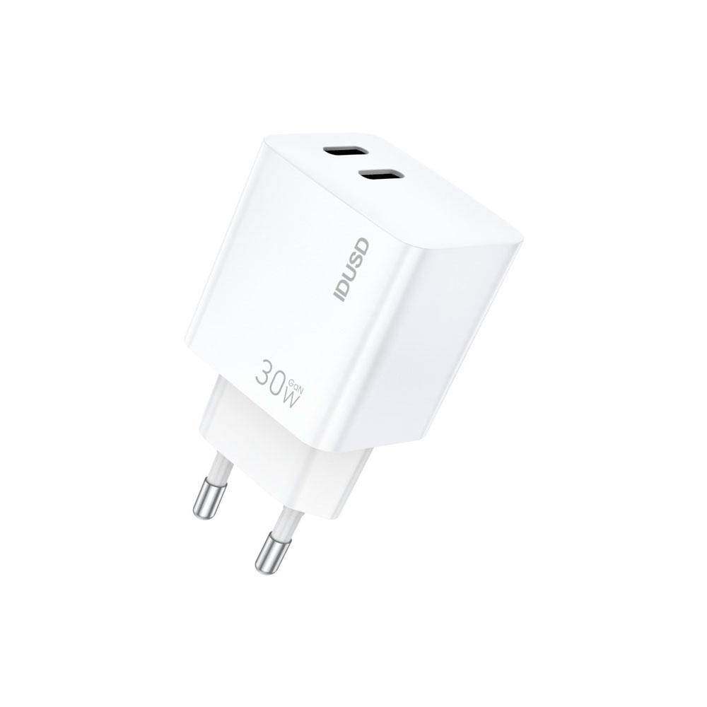 Cargador de red 2x Type-C M/M / 30W PD / 30W QC / GAN / Blanco / IDUSD / D200B